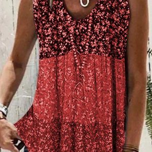 Floral Loose Casual Crew Neck Tank Top, Tanks & Camis, color:Red|size:XXL, JustFashionNow