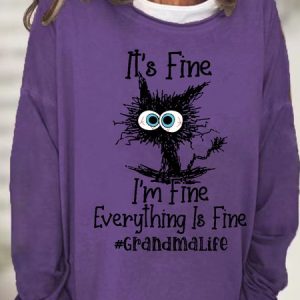 Women's It's Fine I'm Fine Everything Is Fine Grandma Life Funny Black Cat Crew Neck Casual Sweatshirt, color:Purple|size:3XL, Lilicloth.com