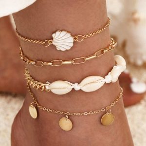 Round Coin Shell Anklet Set, Anklets, color:Golden|size:One-size, JustFashionNow