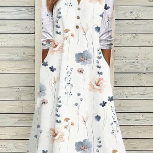 Women Floral Notched Long Sleeve Comfy Casual Buckle Midi Dress, Midi, color:White|size:XXL, catalog Noracora shop