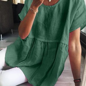 Linen Loose Short-Sleeved Top, Shirts & Blouses, color:Green|size:XXL, JustFashionNow