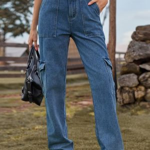 Women's Casual Denim Multi-Pocket Straight Fit Jeans Cargo Pants Everyday Clothing, Jeans, color:Dark_blue|size:XXL, JustFashionNow