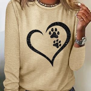 Women's Print Dog Lover Paw Heart Regular Fit Simple Long Sleeve Top, color:Khaki|size:3XL, Lilicloth.com