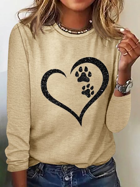Women's Print Dog Lover Paw Heart Regular Fit Simple Long Sleeve Top, color:Khaki|size:3XL, Lilicloth.com