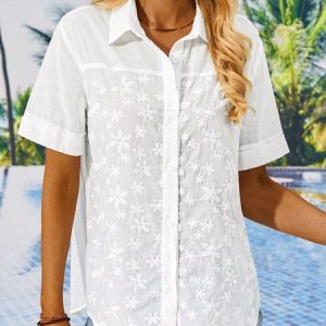 Summer Lace Casual Lace Loose Blouse, Shirts & Blouses, color:Khaki|size:XXL, JustFashionNow