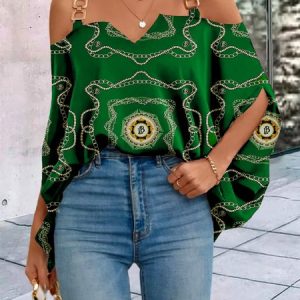Urban Cold Shoulder Abstract Loose Shirt, Blouses and Shirts, color:Green|size:XXL, Stylewe