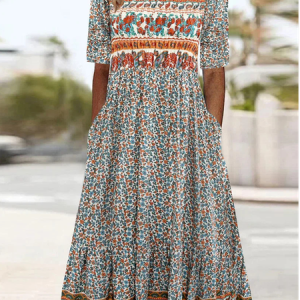 Ethnic Crew Neck Loose Dress, Midi, color:Green|size:XXL, Noracora