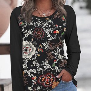 Casual Color Block Floral T-Shirt, T-Shirts, color:Black|size:XXL, JustFashionNow