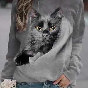 Cat Crew Neck Raglan Sleeve Casual Sweatshirt, Sweatshirts & Hoodies, color:Gray|size:XXL, JustFashionNow