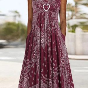 Womens Crew Neck Sleeveless Ethnic Casual Dress, Midi, color:Wine Red|size:XXL, catalog Noracora shop