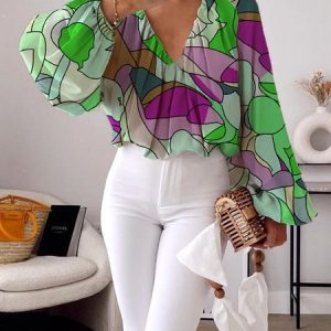 Long sleeve Chiffon Elegant V Neck Shirt, Blouses and Shirts, color:Green|size:XXL, Stylewe