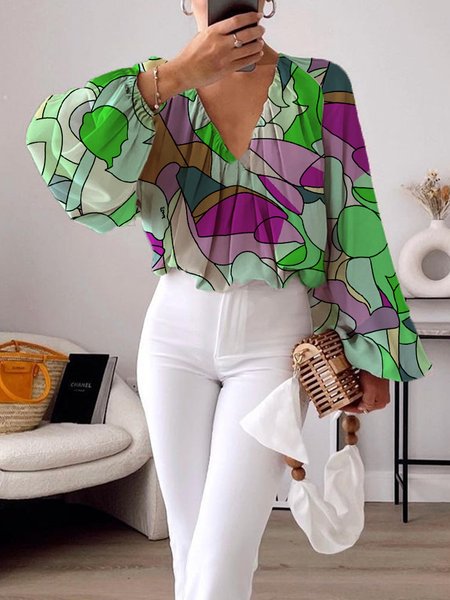 Long sleeve Chiffon Elegant V Neck Shirt, Blouses and Shirts, color:Green|size:XXL, Stylewe