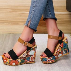 Women Floral Ankle Wedge Heel Strap Sandals, Sandals, color:Black|size:40, JustFashionNow