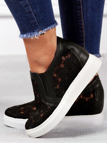 Flower Embroidery Detail Hidden Heeled Shoes, color:Black|size:40, Lilicloth.com