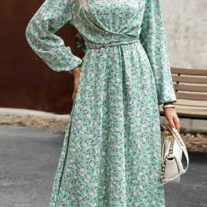 Women Disty Floral Crew Neck Long Sleeve Comfy Simple Maxi Dress, Maxi, color:Green|size:XL, Noracora