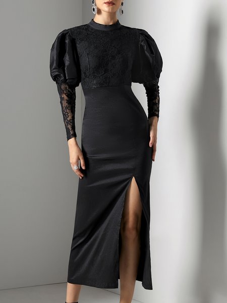 Plain Stand Collar Party Party Dress, Maxi Dresses, color:Black|size:XXL, Stylewe