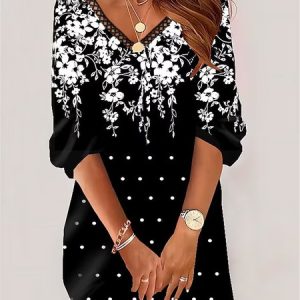 Casual Floral V Neck Lace Dress, Dresses, color:Black|size:XXL, JustFashionNow