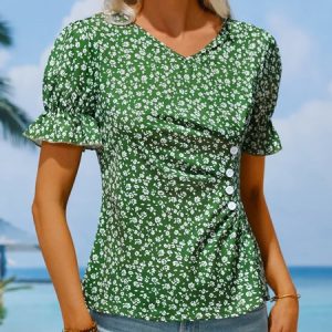 V Neck Floral Vacation Loose Shirt, Shirts & Blouses, color:Green|size:XXL, JustFashionNow