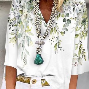 Casual Loose Floral V Neck Shirt, Blouses, color:White-green|size:XXL, catalog Noracora shop
