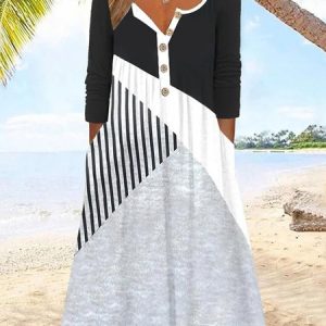 Women Striped Crew Neck Long Sleeve Comfy Casual Buckle Maxi Dress, Maxi, color:Black-grey|size:3XL, Noracora