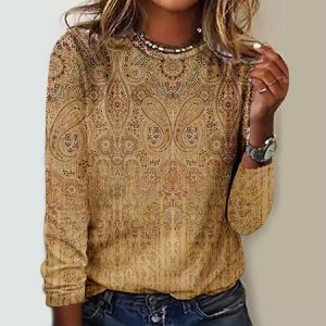 Women's vintage print Casual Shirt, color:Yellow|size:3XL, Lilicloth.com