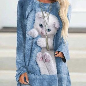 Crew Neck Casual Cat Loose Raglan Sleeve Top, Shirts & Blouses, color:Blue|size:XXL, JustFashionNow