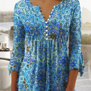 V Neck Ethnic Casual Top Casual 3/4 Sleeve Paisley Print Blouse, Shirts & Blouses, color:Blue|size:XXL, JustFashionNow