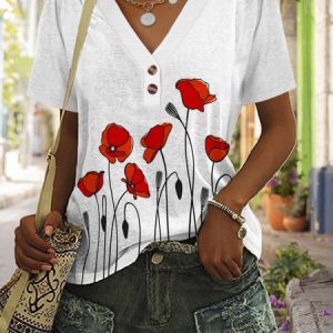 V Neck Casual Floral Memorial Day Loose  T-Shirt, T-Shirts, color:White|size:XXL, JustFashionNow