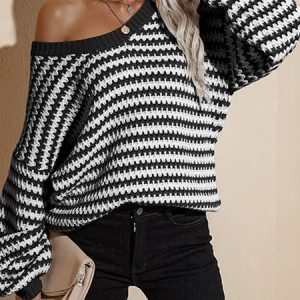 Wool/Knitting V Neck Striped Casual Sweater, Sweaters, color:Black|size:3XL, JustFashionNow