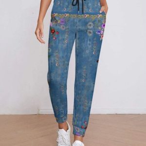 Casual Floral Natural Long Drawstring Harem Pants, Pants, color:Blue|size:3XL, Noracora