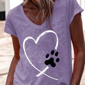 Women's Heart Dog Paw Print Casual V Neck T-Shirt, T-shirts, Lilicloth.com