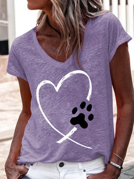 Women's Heart Dog Paw Print Casual V Neck T-Shirt, T-shirts, Lilicloth.com