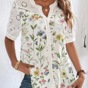 Buttoned Notched Loose Casual Blouse, Shirts & Blouses, color:White|size:XXL, JustFashionNow