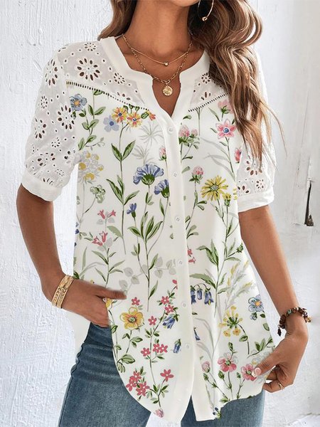 Buttoned Notched Loose Casual Blouse, Shirts & Blouses, color:White|size:XXL, JustFashionNow