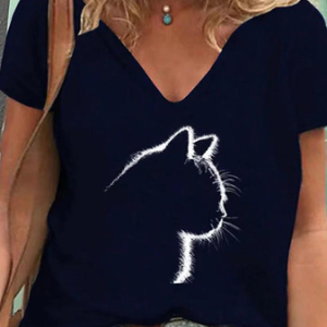 Women's Cat Graphic Short Sleeve T-Shirt Casual Everyday Clothing, T-Shirts, color:Purplish blue|size:3XL, JustFashionNow