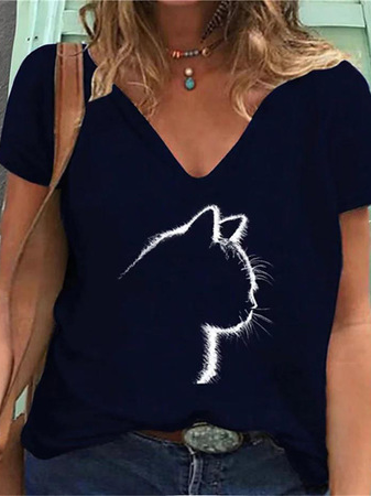 Women's Cat Graphic Short Sleeve T-Shirt Casual Everyday Clothing, T-Shirts, color:Purplish blue|size:3XL, JustFashionNow