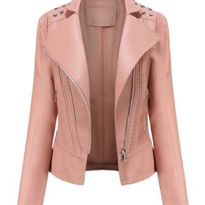 Long Sleeve Plain Regular Loose Leather & Faux Leather For Women 2023, Jackets, color:Pink|size:XXL, Noracora