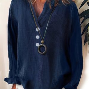 Buttoned Plain Loose Casual Blouse, Shirts & Blouses, color:Blue|size:XXL, JustFashionNow