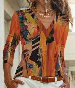 JFN V Neck Famous Painting Casual Long Sleeve Top T-Shirt/Tee, Shirts & Blouses, color:Multicolor|size:XXL, JustFashionNow