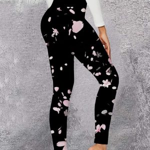 Casual Floral Regular Fit Slim fit Pants, Leggings, color:Black|size:3XL, JustFashionNow