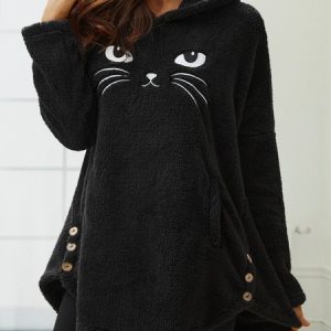 Scratching Cute Cat Embroidered Loose Warm Sweatshirt, Sweatshirts & Hoodies, color:Gray|size:XXL, JustFashionNow