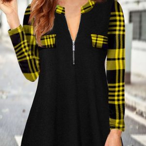 JFN V Neck Long Sleeve Zipper Plain Geometric Plaid Top, Shirts & Blouses, color:Yellow|size:XXL, JustFashionNow