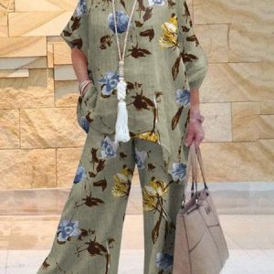 Casual Floral Regular Fit Crew Neck Two-Piece Set, Suit Set, color:Green|size:3XL, JustFashionNow