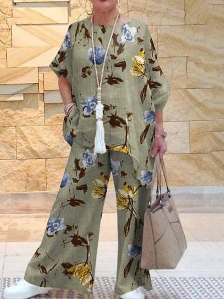 Casual Floral Regular Fit Crew Neck Two-Piece Set, Suit Set, color:Green|size:3XL, JustFashionNow