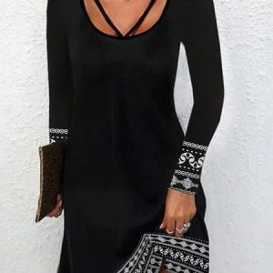 Geometric Casual Long Sleeve A-Line Tunic Dress, Short, color:Black|size:XXL, Noracora