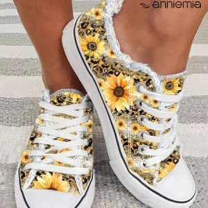 Sunflower Leopard Print Raw Hem Lace-Up Canvas Shoes, Sneakers, color:Yellow|size:43, JustFashionNow