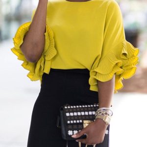 Elegant Plain Crew Neck Loose Shirt, Blouses and Shirts, color:Yellow|size:XXL, Stylewe