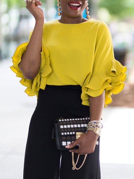 Elegant Plain Crew Neck Loose Shirt, Blouses and Shirts, color:Yellow|size:XXL, Stylewe