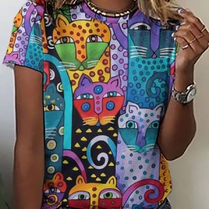 Women Funny Cat Animal T-Shirt, color:As Picture|size:3XL, Lilicloth.com