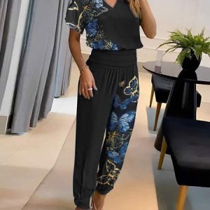 Casual Butterfly Loose V Neck Two-Piece Set, Suit Set, color:Black|size:XXL, JustFashionNow